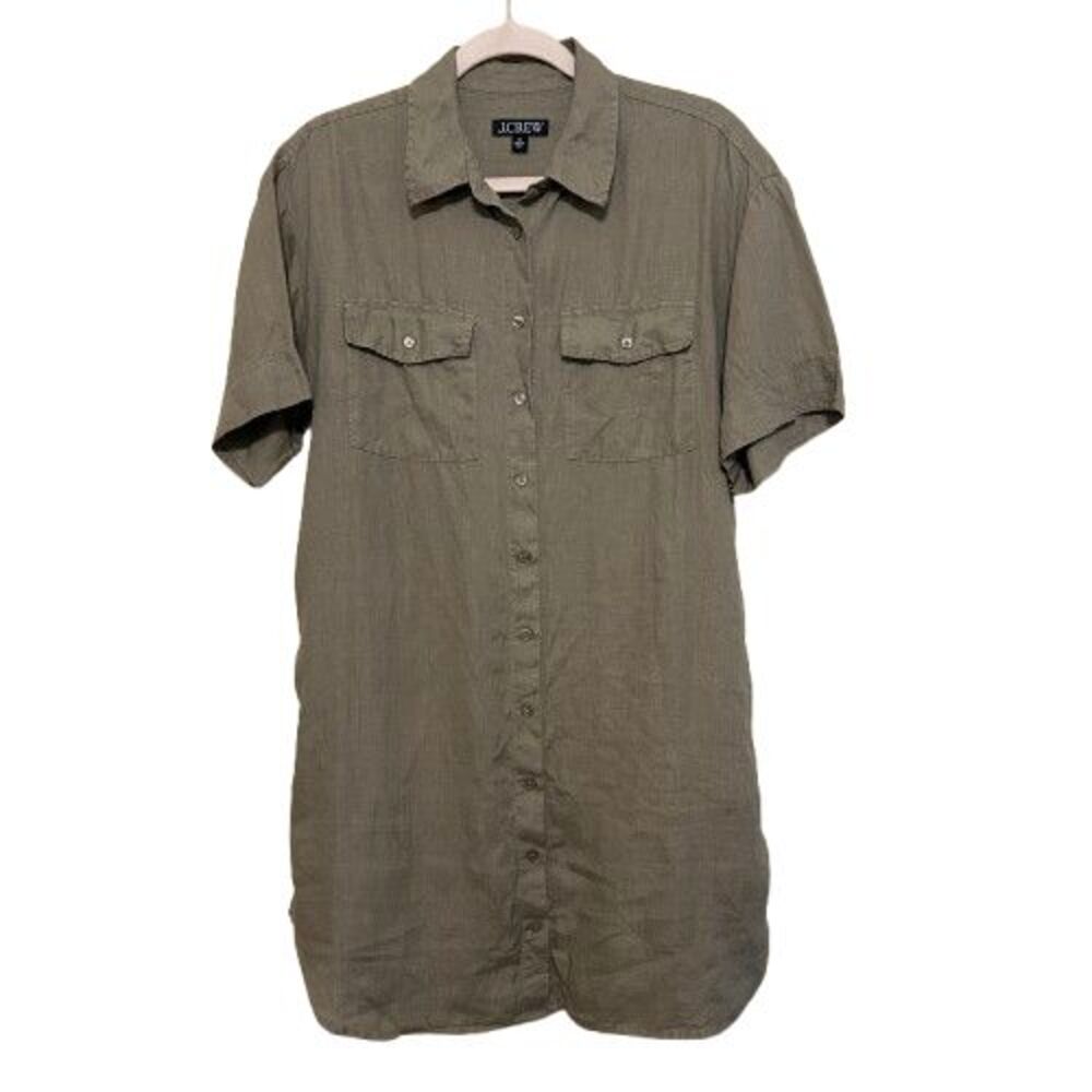 J. Crew 100% Linen Utility Shirtdress Womens XS Olive Green Button Front Safari